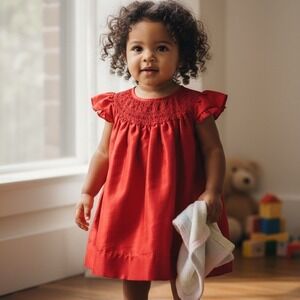 Strasburg 100% silk Baby Girl Dress 18M Red Smocked Flutter Sleeve Holiday Party